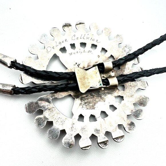 Rare Native American Zuni Cellicion Sterling Turquoise Large Sunface Bolo Tie - Picture 8 of 9
